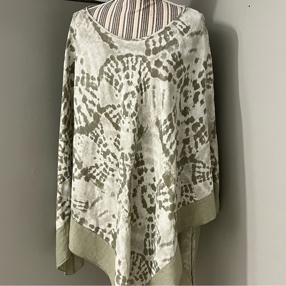 Elena Baldi Womens Green White Boho Hippie Linen Pullover Poncho Made In Italy - Picture 2 of 12